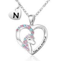 Shonyin Silver Unicorn Necklace for Women Girls N Initial Necklaces CZ Heart Pendant Christmas Birthday Party Valentines Day Jewelry Gifts for Teens Daughter Granddaughter Niece Y032-N