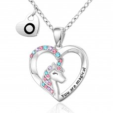 Shonyin Silver Unicorn Necklace for Women Girls O Initial Necklaces CZ Heart Pendant Christmas Birthday Party Valentines Day Jewelry Gifts for Teens Daughter Granddaughter Niece Y032-O