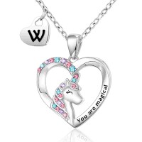 Shonyin Silver Unicorn Necklace for Women Girls W Initial Necklaces CZ Heart Pendant Christmas Birthday Party Valentines Day Jewelry Gifts for Teens Daughter Granddaughter Niece Y032-W