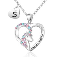 Shonyin Silver Unicorn Necklace for Women Girls R Initial Necklaces CZ Heart Pendant Christmas Birthday Party Valentines Day Jewelry Gifts for Teens Daughter Granddaughter Niece Y032-S